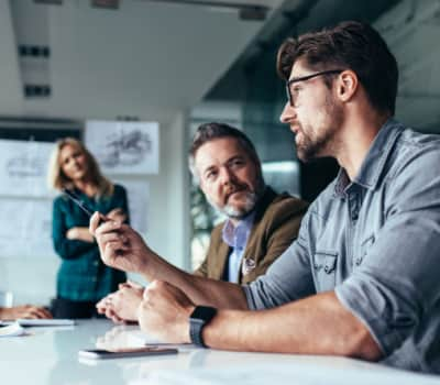 A business team discussing work